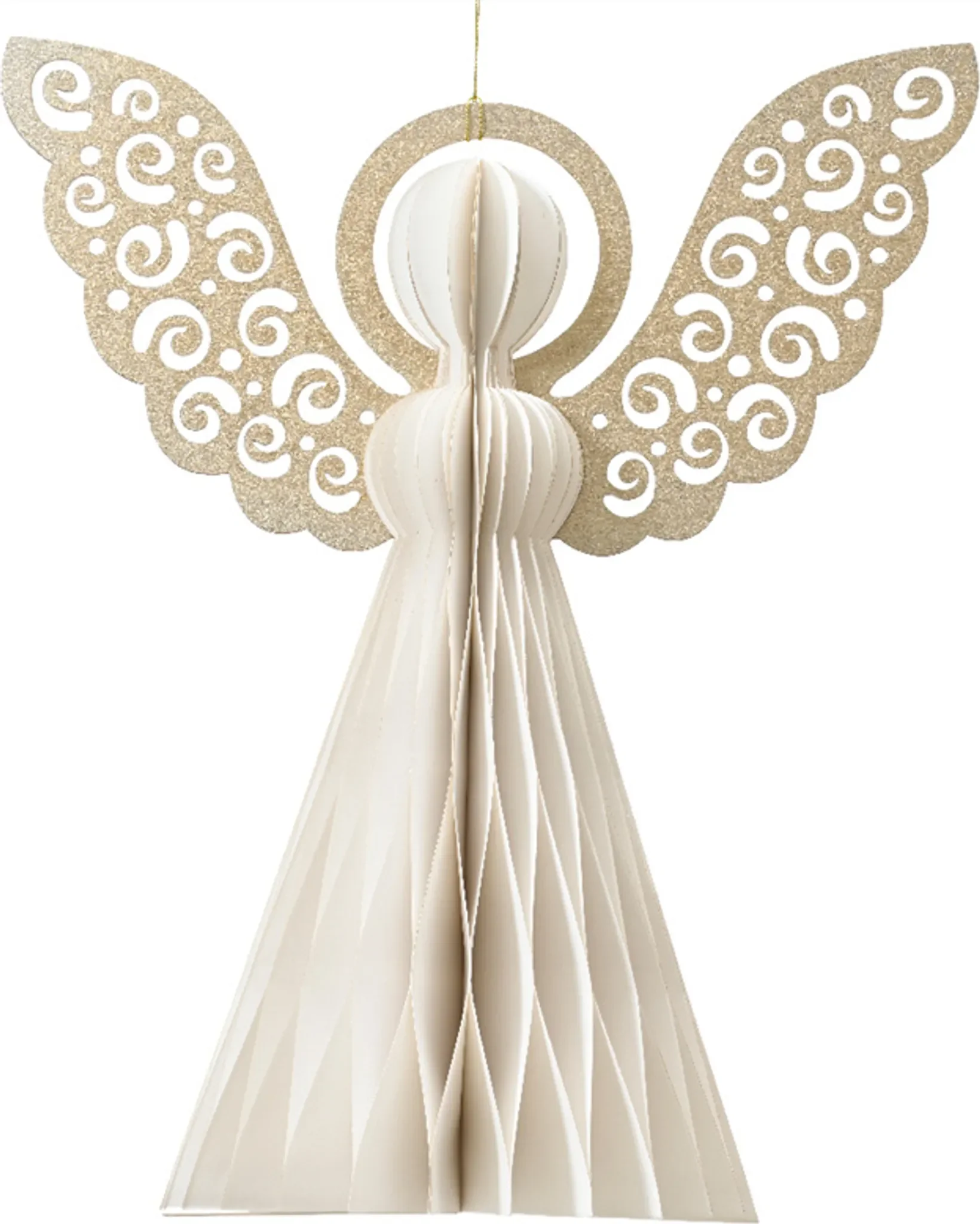Deko-Engel aus Papier – Weiß mit Goldglitter, Ø 16,7 cm