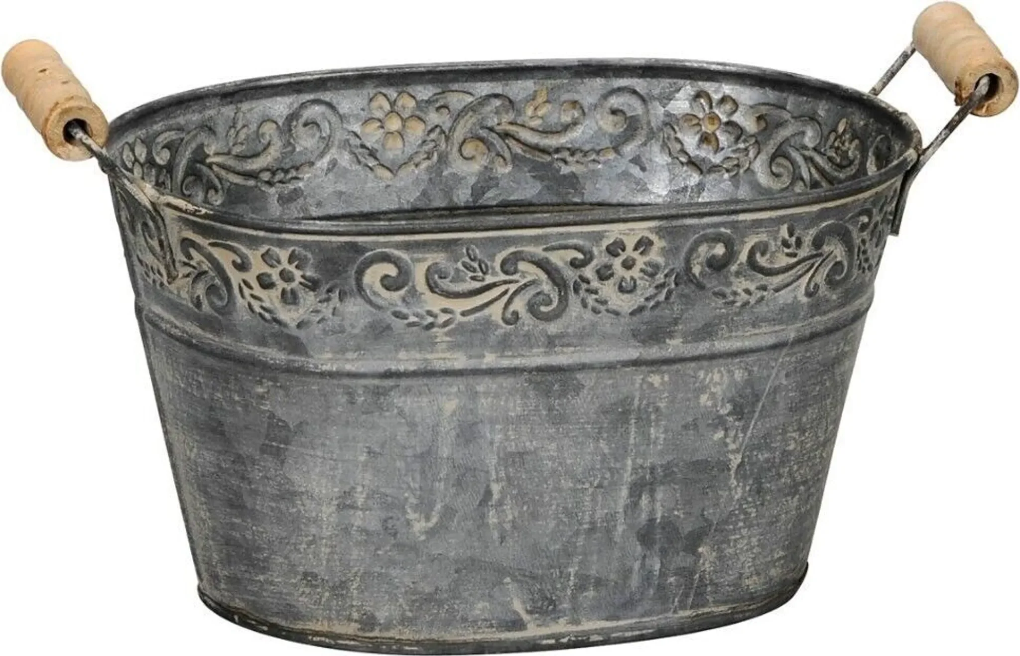 Pflanzschale oval mit Griff – Metall, Vintage-Stil, grau